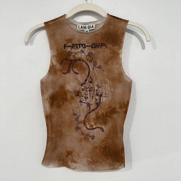 I.AM.GIA Crescent Mesh Sleeveless Top Tan Sheer Snake Y2K Style - Picture 1 of 6